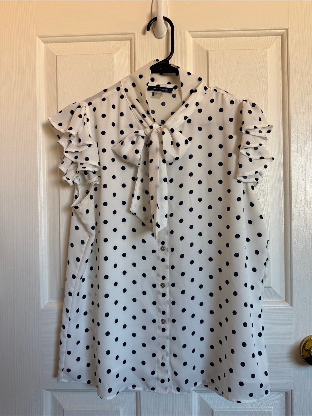 Tommy Hilfiger White Polka Dot Bow Tie Ruffle Sleeve Blouse